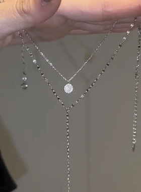 精致双层叠戴y字项链简约高级感满钻圆牌锁骨链长款流苏显瘦颈链
