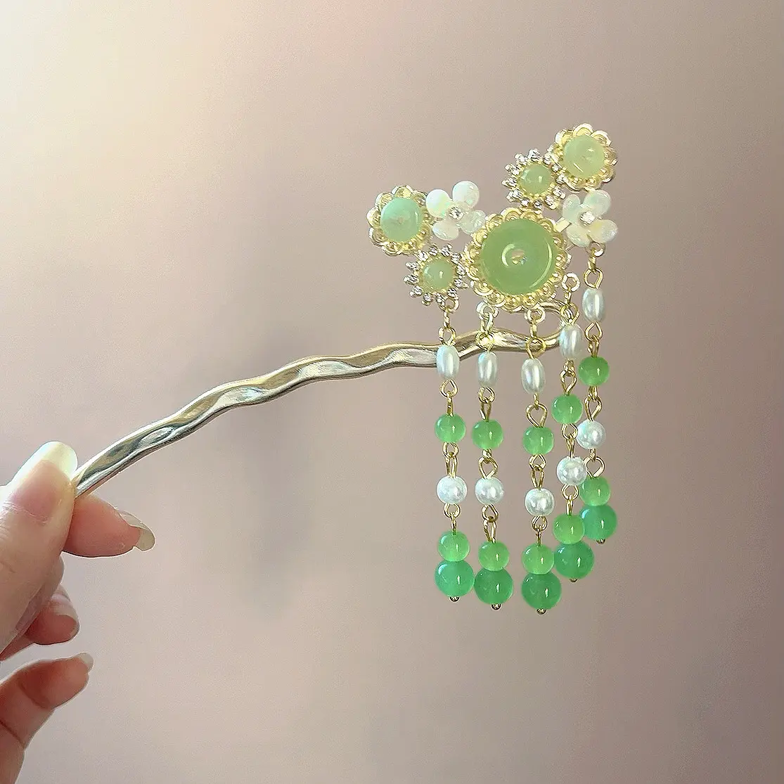 新中式翠绿花朵流苏发簪高级感仿翠玉簪子步摇女古风盘发发饰发钗