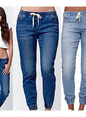 修身橡筋橡筋休闲脚口女士小脚牛仔裤女欧美弹力跨境青少年腰