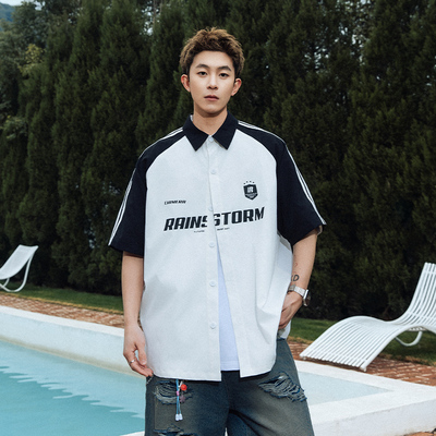 fzso男女同款潮酷翻领开衫美式复古薄款短袖衬衫宽松休闲半袖衬衣