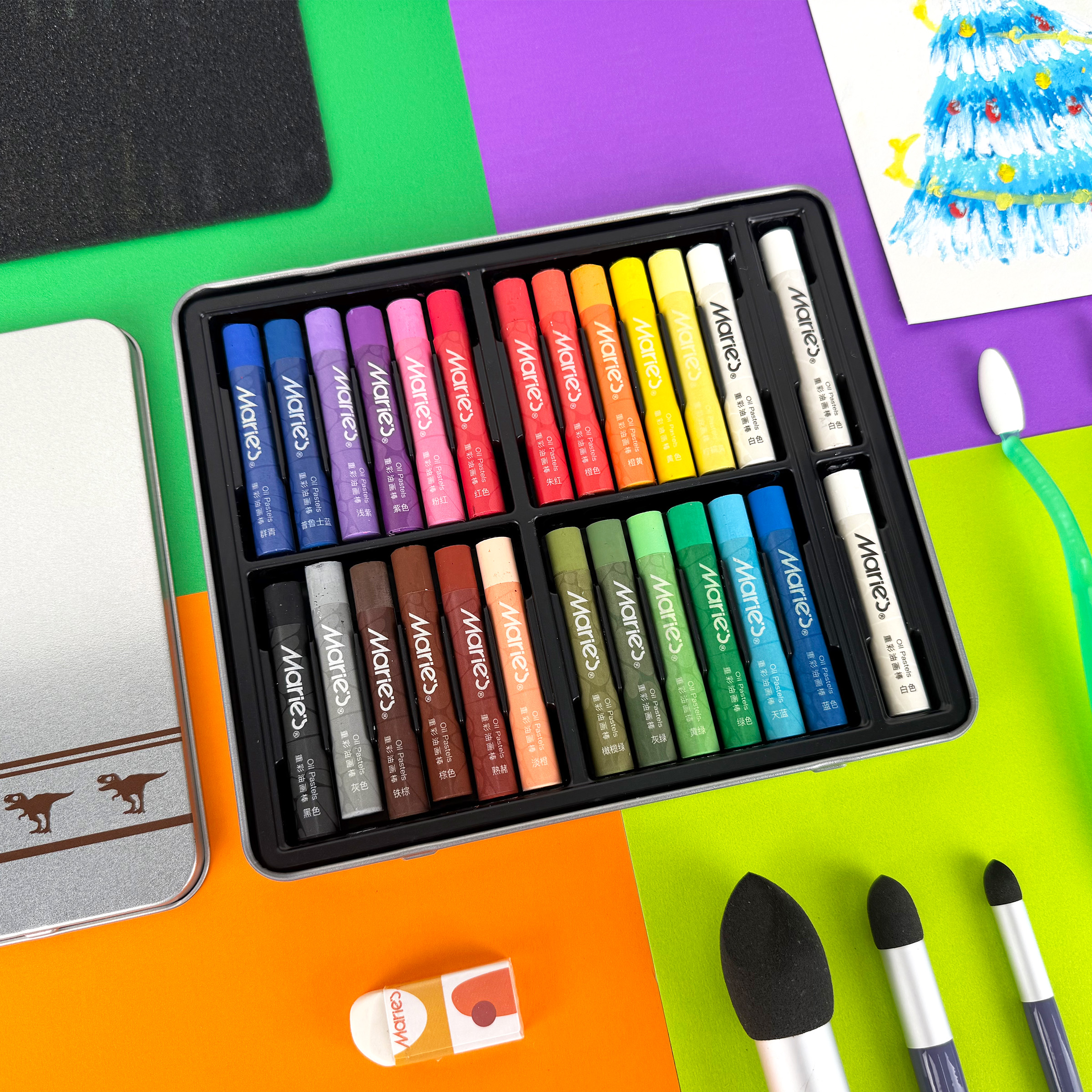 马利重彩油画棒diy画绘画纸刮刀工具套装软性白色蜡笔安全无毒儿童幼儿园24色生日礼物小学生美术专用画笔
