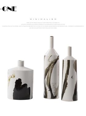 rzone 现代简约陶瓷花瓶水墨花纹新中式橱窗工艺品摆件样板房摆件