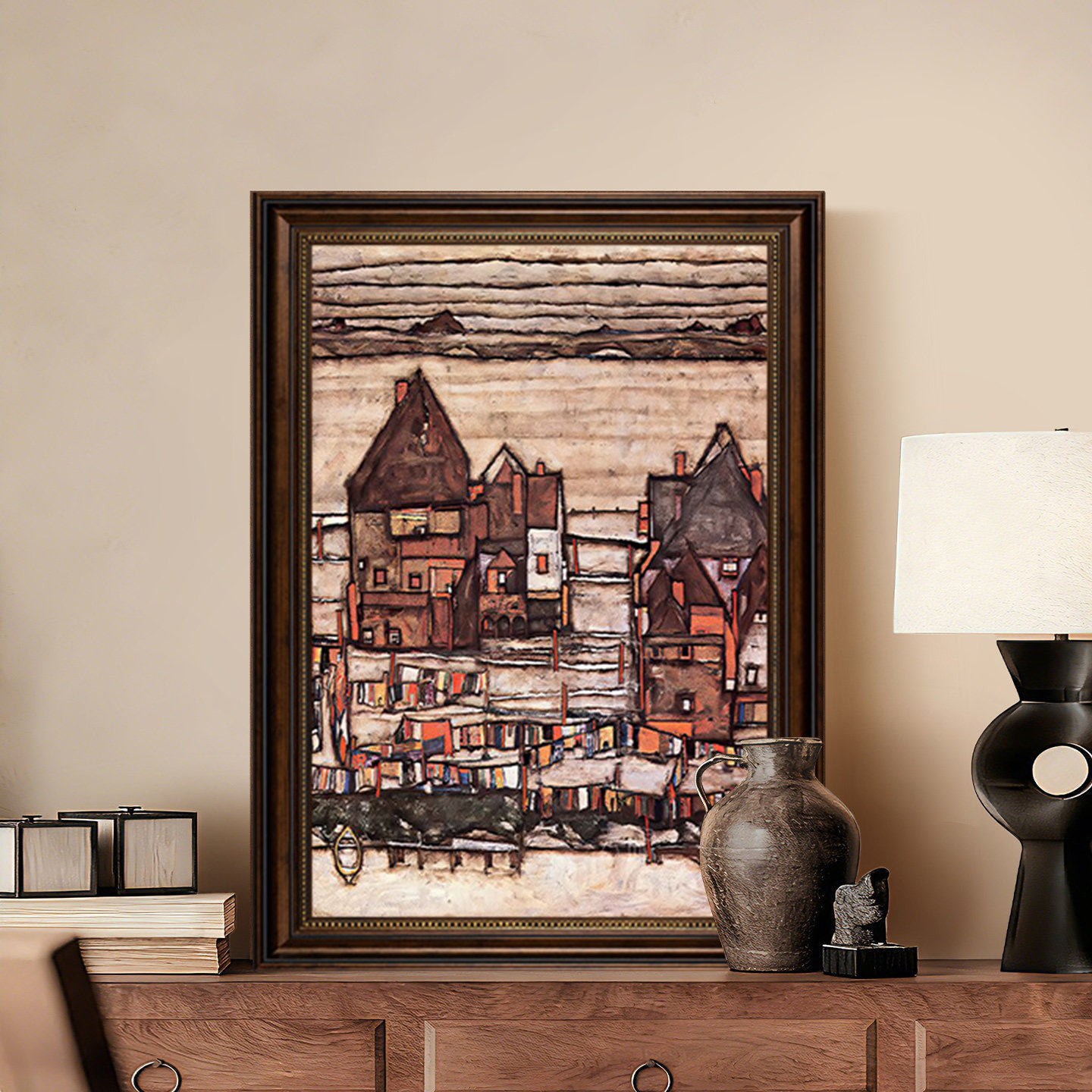 复古席勒风景装饰画城市建筑秋树名画挂画客厅玄关竖版壁画