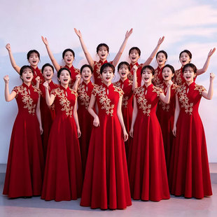 新款我爱我的祖国大合唱团演出服女长裙红歌表演主持人旗袍晚礼服