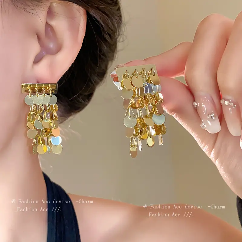 银针圆形流苏耳环简约金属冷淡风百搭耳坠轻奢高级感个性耳饰