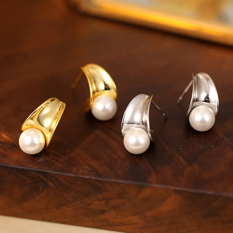 榕树下s925银冷淡风月牙半圆贝珠耳钉女轻奢几何耳环耳饰百搭高级