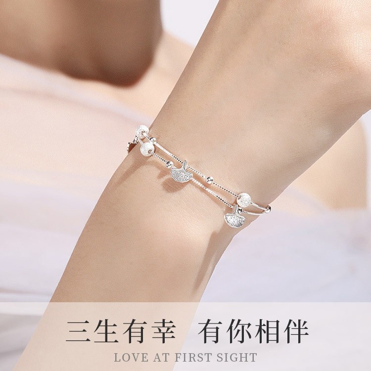 高质量银三生有杏手链女士叶子双层流苏叶脚链情人节礼物