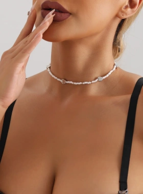 欧美饰品 波西米亚风白色米珠项链女 创意串珠爱心桃心锁骨链