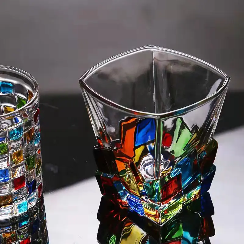 意大利设计师同款手绘彩绘线条编织水晶玻璃杯威士忌杯水杯洋酒杯