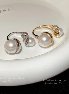 真金电镀锆石珍珠开口戒指法式复古气质食指戒新款时尚手饰女