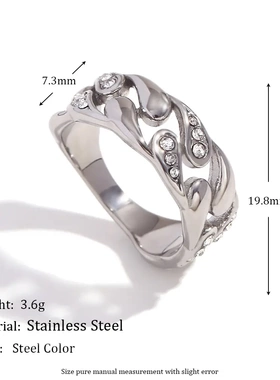 欧美小众设计创意爆款手饰不锈钢镀18k金水滴回纹交错带钻戒指女