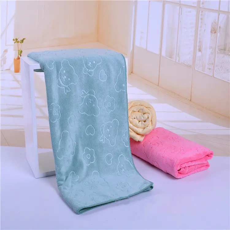 卡通压花超细纤维童巾2550磨绒柔软吸水巾400克/平方厚毛巾