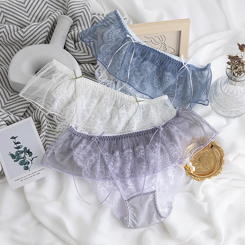 日系新款可爱波点中腰底裤荷叶边三角女士性感网纱蕾丝内裤女