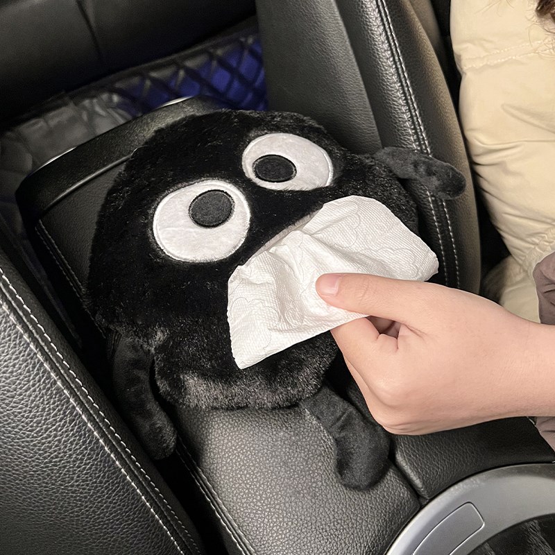 车载纸巾盒卡通可爱抽纸盒女生小煤球摆件毛Q绒汽车纸巾盒高级感