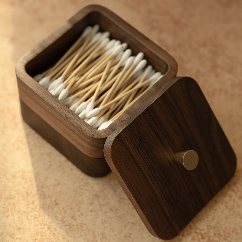 黑胡桃实木牙签牙线收纳盒带盖棉签盒家用多层P木质桌面整理盒小
