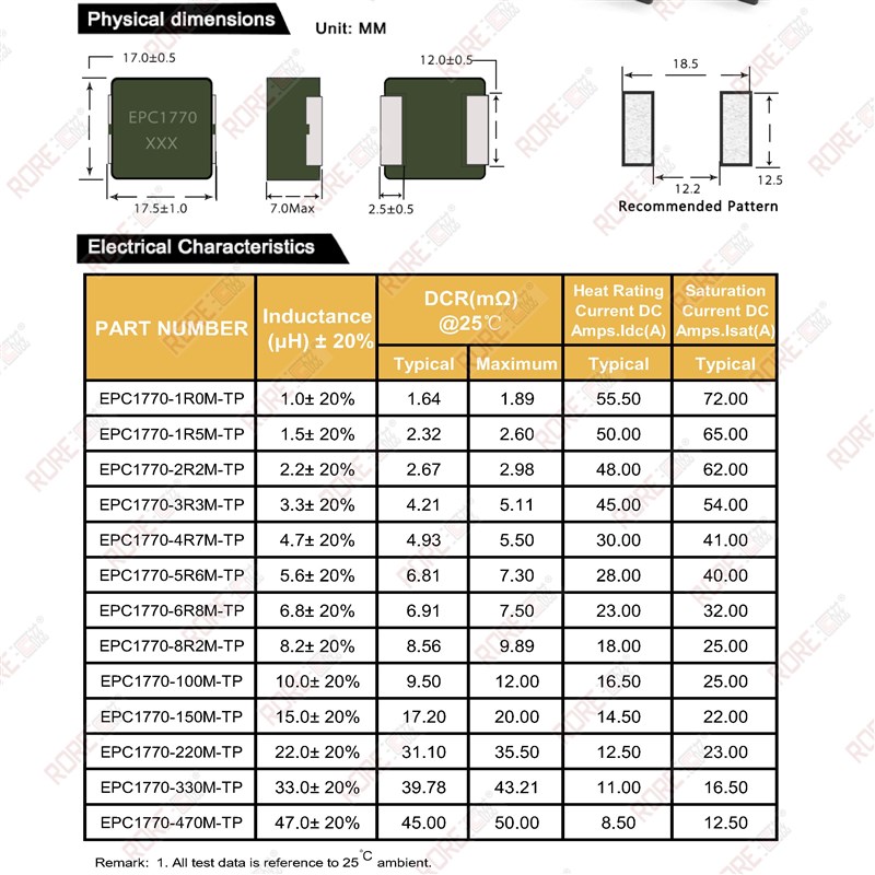 一体成型羰基粉大电流贴片n功率电感EPC1770 1UH-47UH 17*17*7MM