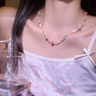 高级清新甜美多巴胺小众设计锁骨链配饰 彩色天然石串珠项链女夏季