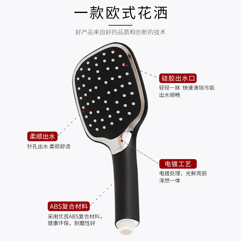 塑料普通花洒 无压不增压 淋雨喷头手持减压免打孔花洒套装北欧黑