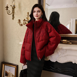 【鹅绒服】HiSaily轻奢红色短款羽绒服女立领宽松百搭设计师外套