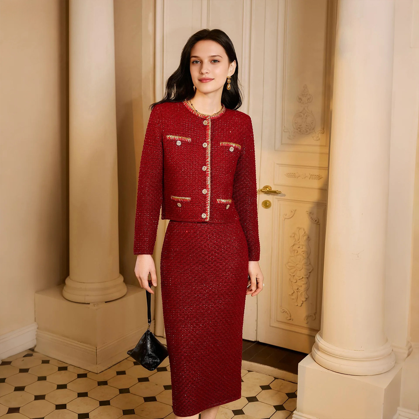 HiSaily商场同款小香风酒红色针织开衫套装女千金风毛衣外套,女装/女士精品,毛针织衫,淘宝优惠券,粉丝福利购,淘宝优惠卷