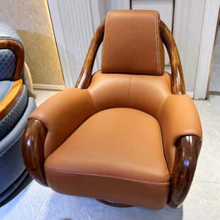 乌金木新中式休闲转椅实木椅真皮单人位设计师沙发高背椅老虎转椅