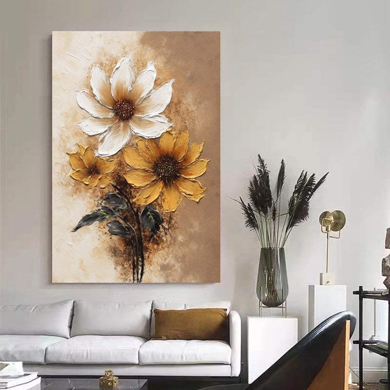 纯手绘油画抽象向日葵玄关装饰画客厅餐厅侘寂风立体花卉肌理挂画图片