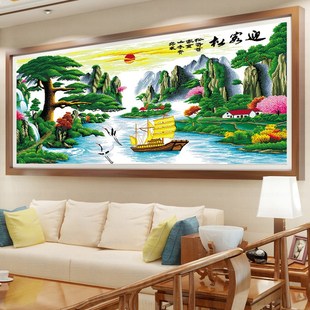 手工客厅大幅山水风景画刺绣自己绣沙发背景 迎客松十字绣线绣新款