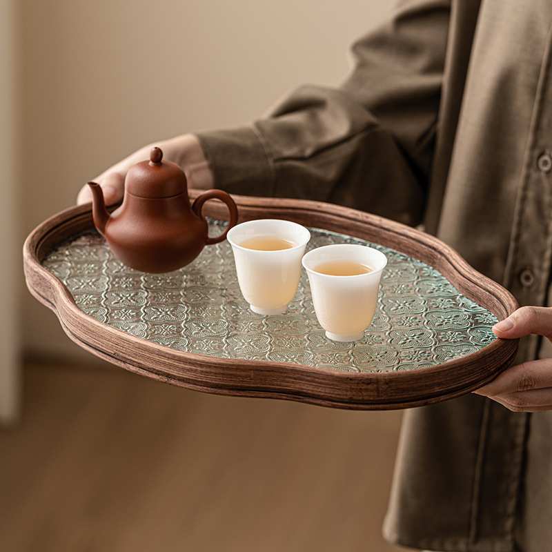 海棠花玻璃托盘中式小型茶点盘家用盖碗壶承壶托复古茶具收纳盘子