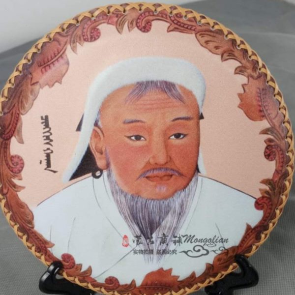 圆形摆台皮画内蒙古特色工艺品桌面摆件成吉思汗民族元素装饰画图片