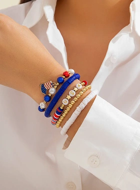 欧美independeneday‘s软陶串珠字母手链弹力星形旗帜撞色手饰品