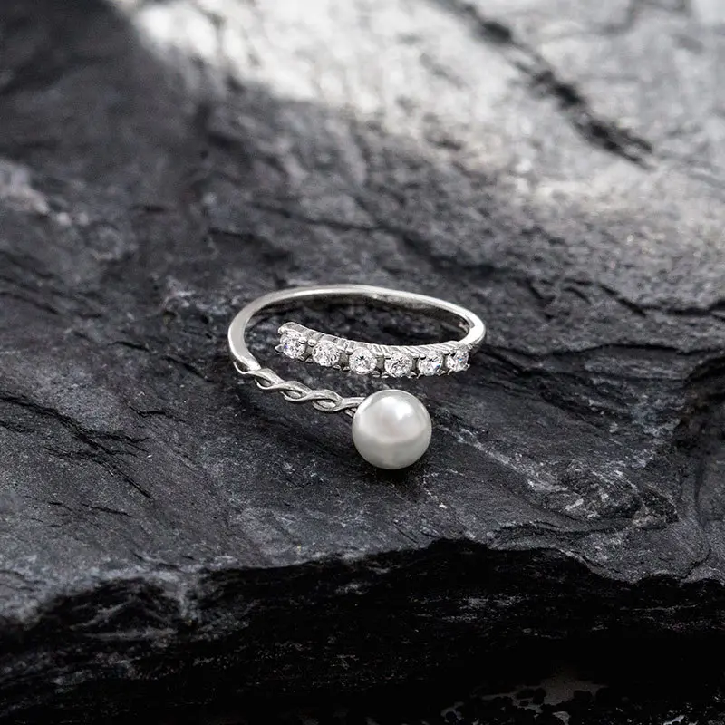 s925银韩版贝珠戒指女小众设计食指戒气质开口可调节指环潮