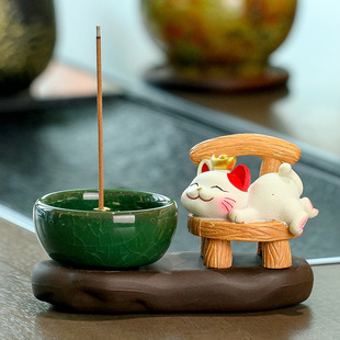 新款 饰品 禅意陶瓷香炉香插摆件卡通招财猫茶桌茶道线香香托底座装