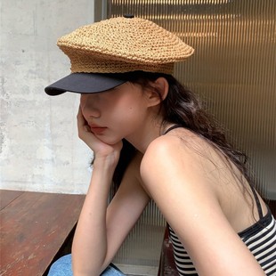 子女 帽手工法式 海军度假钩针拼接 个性 出游夏天草编浪漫八角帽