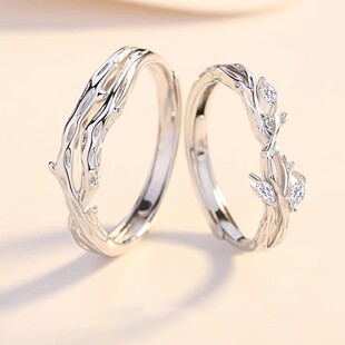 合金设计可戒小众对情侣开口调节送情侣对戒连理枝戒指戒指戒指
