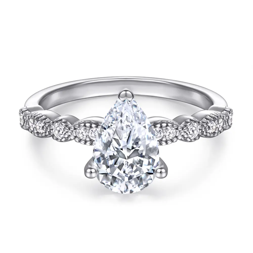 s925纯银首饰套装三件套欧美花纹排钻戒指女梨形锆石耳钉水滴项链