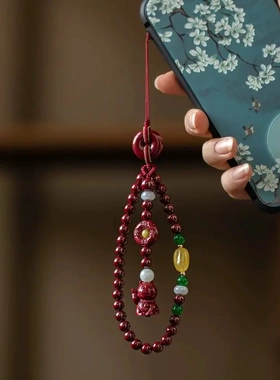 朱砂手机挂件招财猫手机链挂饰手腕款平安扣低含量男女手机挂绳