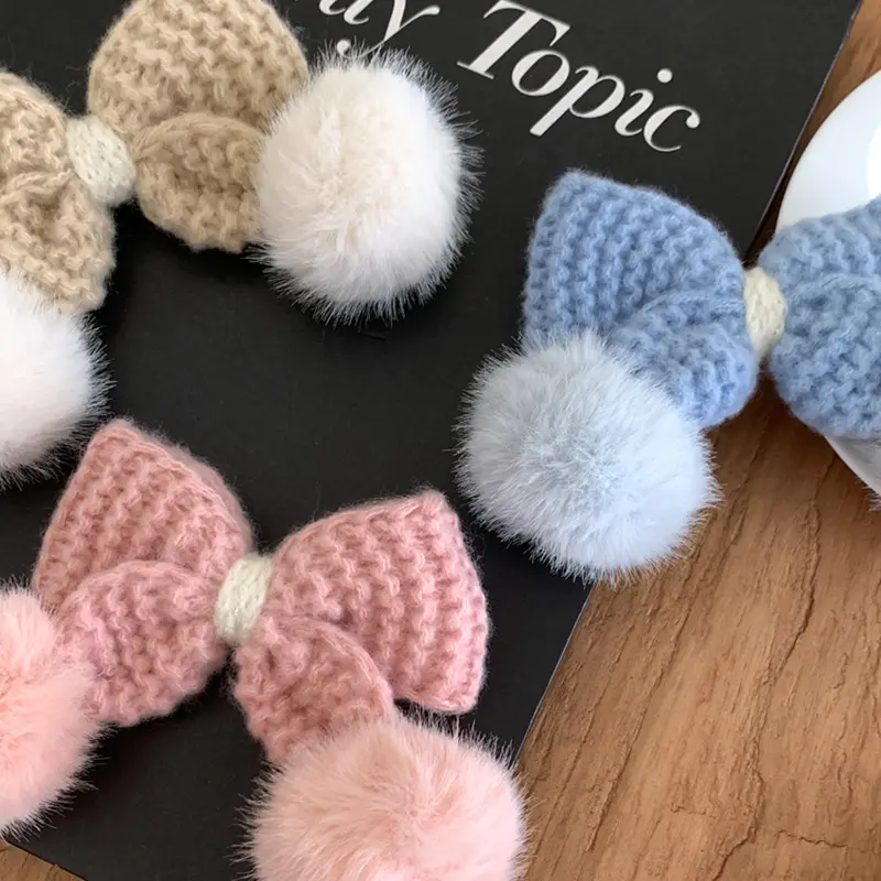 韩国温暖毛线结发夹兔毛球球发卡甜顶夹侧边夹发饰品