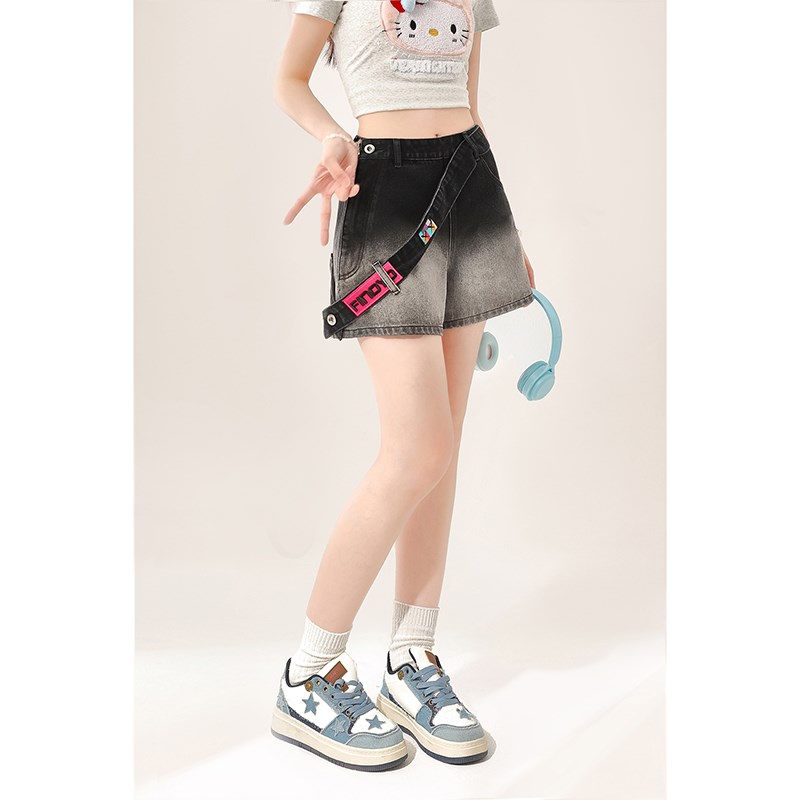 黑色渐变牛仔短裤女夏季新款薄款小个子阔腿宽松直筒侧拉链裤子潮