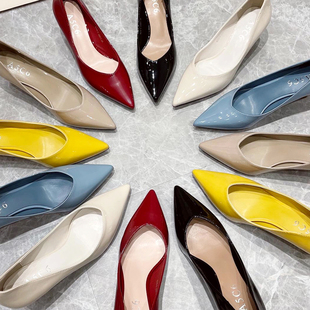 时尚漆皮高跟鞋女细跟2023年新款百搭尖头气质中跟包鞋职业工作鞋