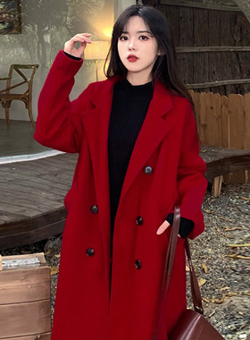 酒红色毛呢外套女秋冬韩系大码胖mm220斤宽松新年高级感呢子大衣