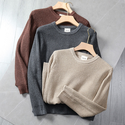 羊毛粗棒针!日系复古圆领粗毛线衣秋冬男阿美咔叽宽松休闲针织衫