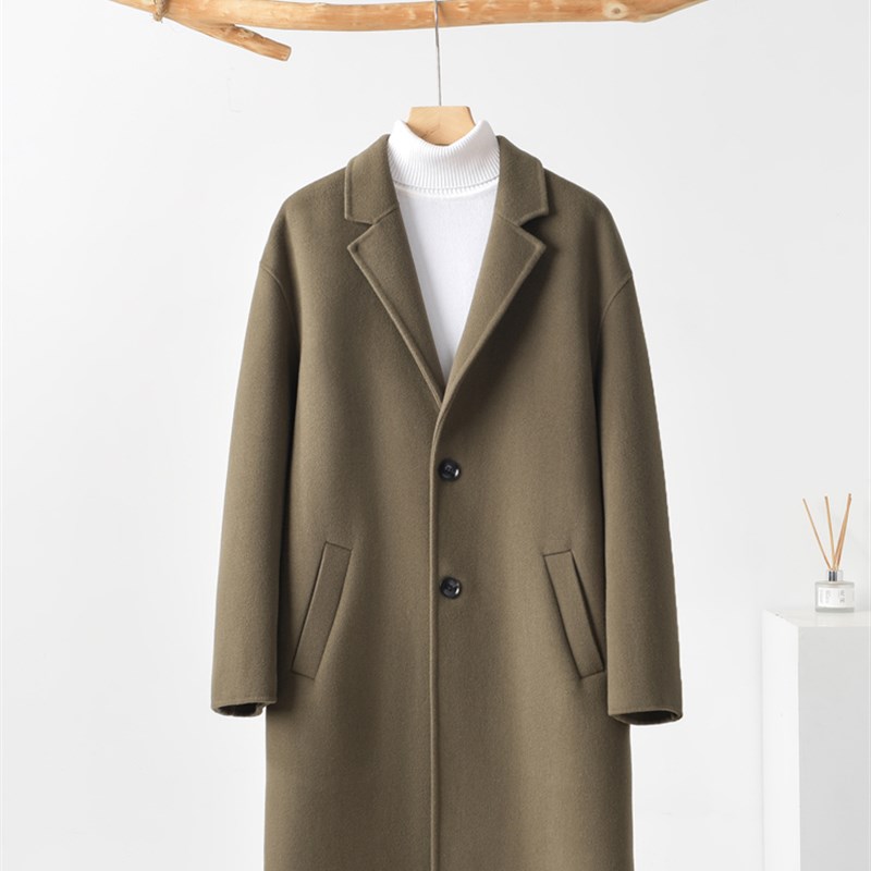 秋冬季新款韩版双面呢子羊毛大衣男式商务中长款落肩羊绒风衣外套