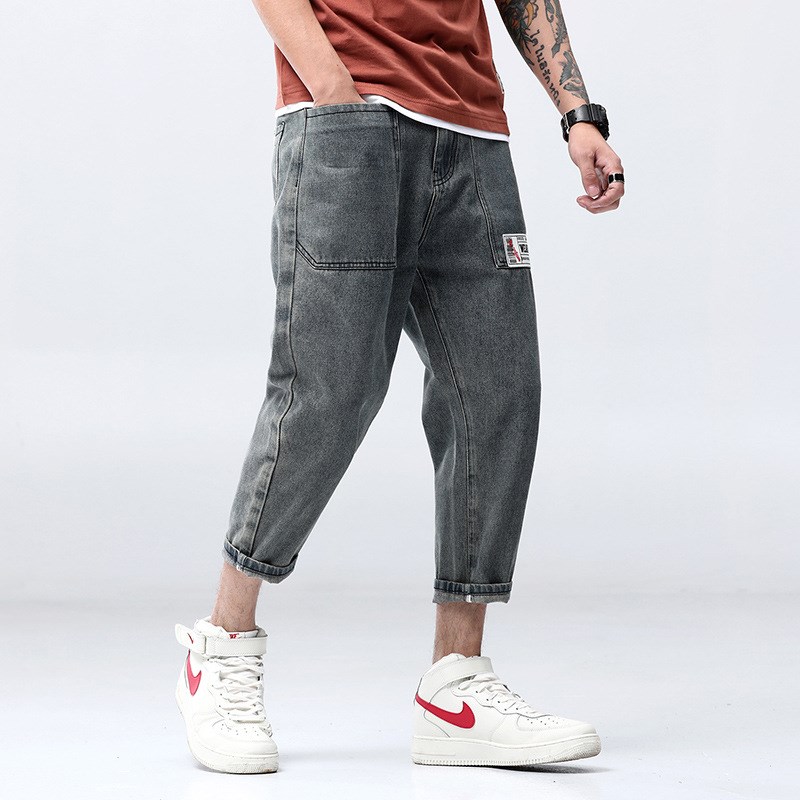 秋季八分牛仔裤男潮牌宽松9分8分小脚裤子大码胖子哈伦九分裤潮流
