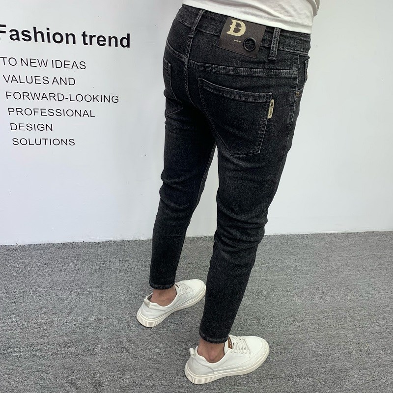 夏季薄款牛仔裤男潮流水洗百搭黑色修身显瘦弹力小脚弹力九分裤子