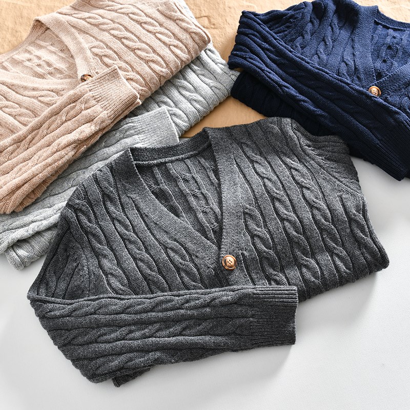 太TM牛了!100%羊毛!秋冬外贸男士复古绞花V领针织开衫毛衣外套