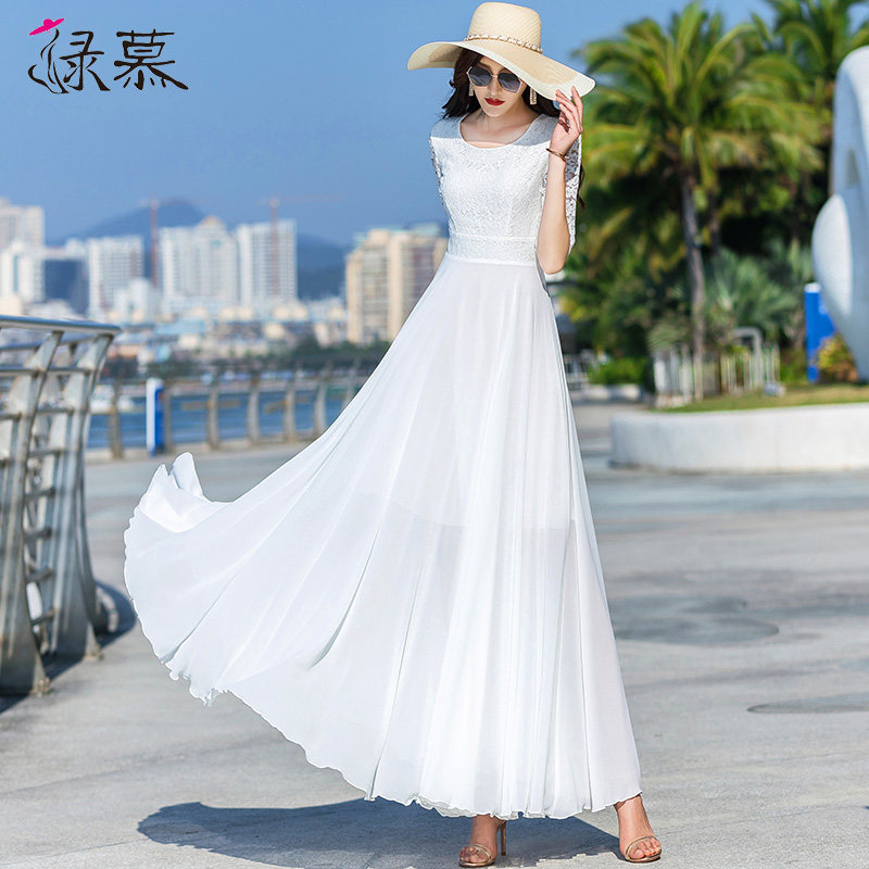 白色雪纺连衣裙女2021新款夏季时尚蕾丝拼接长款修身显瘦大摆长裙