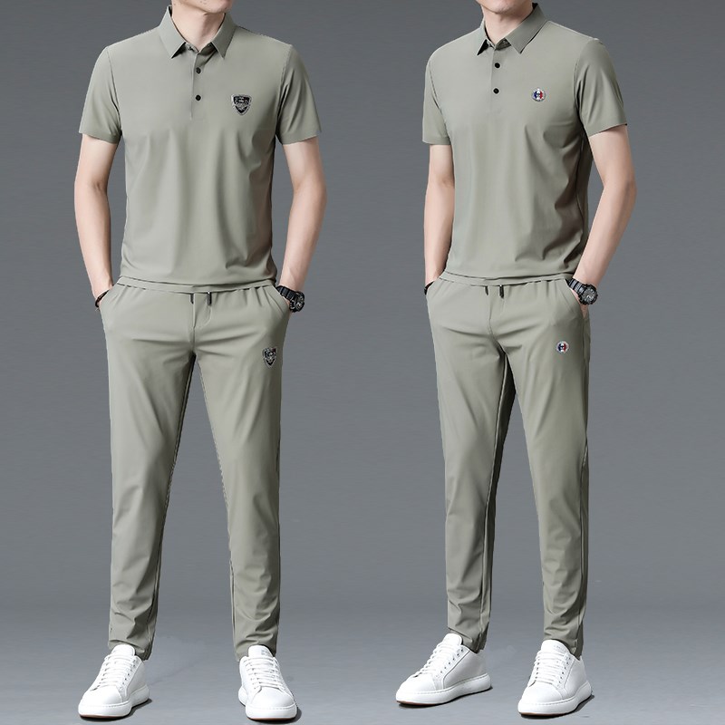 夏季冰丝速干休闲运动短袖套装男高端时尚帅气长裤翻领T恤一套潮