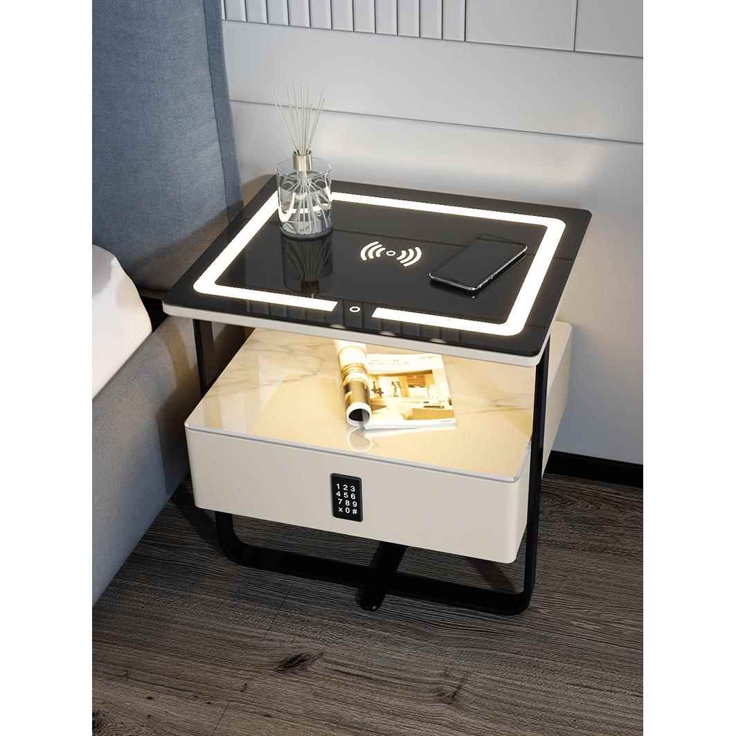 智能轻奢岩板床头柜极简铁艺无线充电现代简约密码锁床边柜免安装