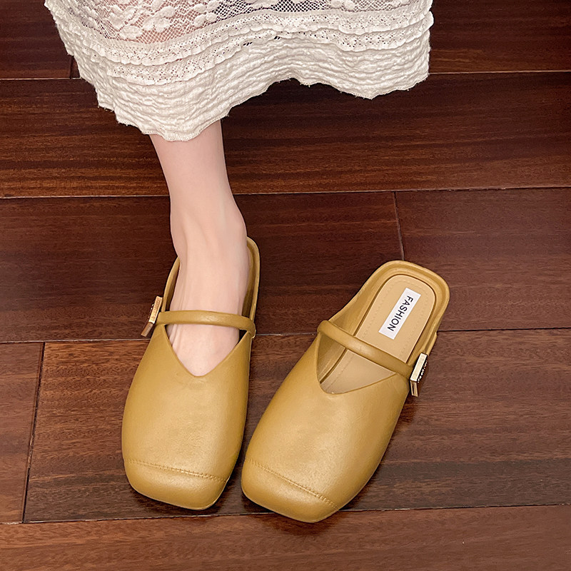 2025新款夏季外穿包头凉拖时尚韩版软底懒人金属扣休闲鞋复古塑胶
