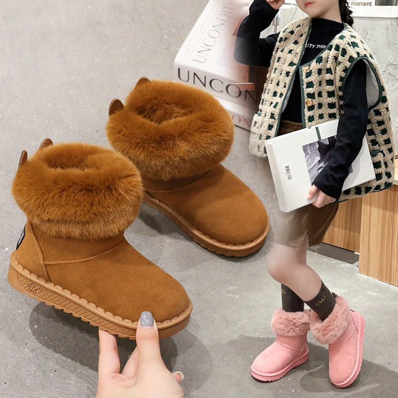 秋冬男女宝宝可爱外穿东北雪地靴加绒加厚保暖可爱兔子后跟装饰鞋
